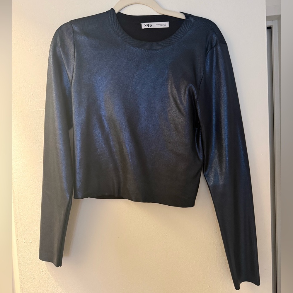 Zara Navy Metallic Long Sleeve Crop Top